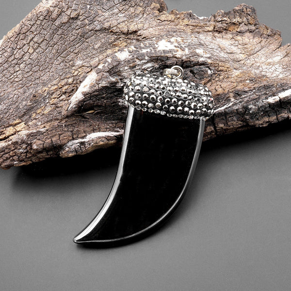 Natural Black Hematite Tooth Pendant Sparkling Rhinestone A1