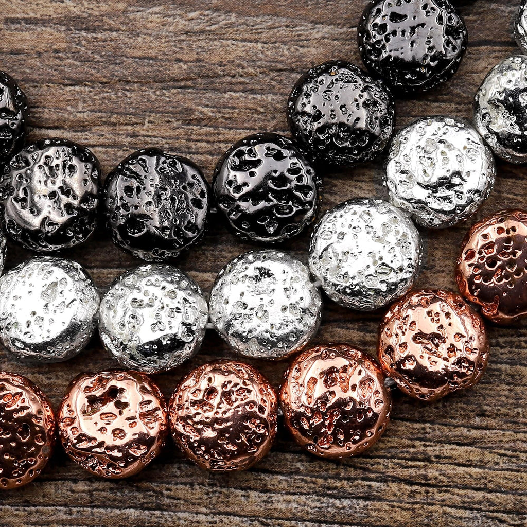 Titanium Lava Coin Bead 12mm Natural Volcanic Rock Stone Metallic Silver Black Gunmetal Rose Gold Plated 15.5" Strand