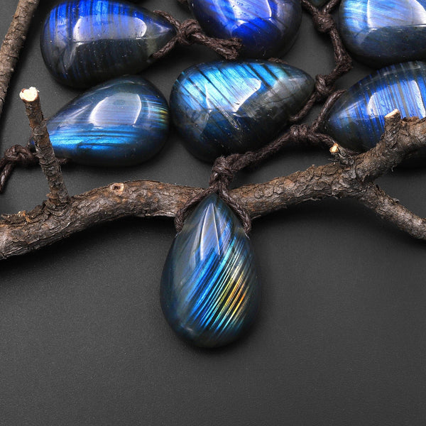 AAA Natural Blue Labradorite Teardrop W/ Stripes Side Drilled Pendant A1