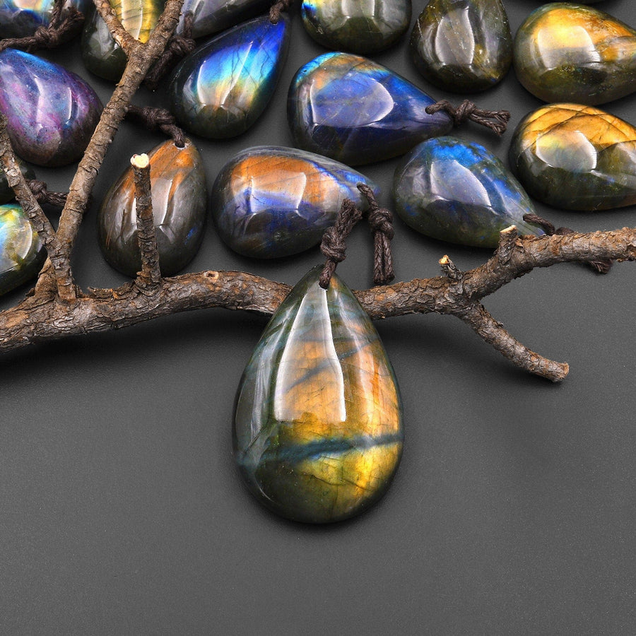 AAA Natural Golden Rainbow Labradorite Teardrop Front Drilled Pendant A2