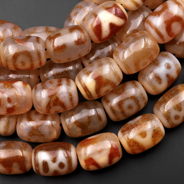 Tibetan Agate 14mm Barrel Beads Dzi Agate Golden Sandy Peach Mala Antique Boho Beads 15.5" Strand