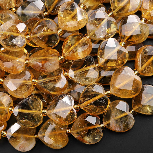AAA Natural Golden Citrine Faceted Heart Beads 12mm Gemstone 15.5" Strand