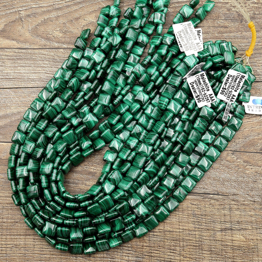 AAA Natural Green Malachite Smooth Square Beads 10mm Gemstone From Congo 15.5" Strand