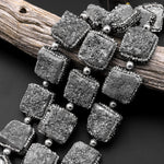 Natural Mystic Silver Agate Druzy Drusy Beads 20mm Square Rhinestone Inlay 6" Strand