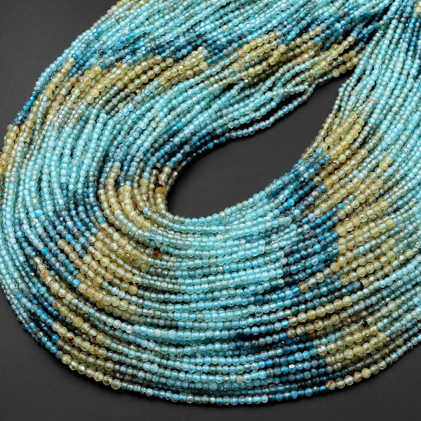Natural Blue Yellow Apatite 2mm Faceted Round Beads Micro Faceted Multi Color Shade Gemstone 15.5" Strand