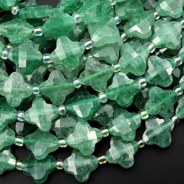 4 Four Leaf Clover Beads Natural Green Chalcedony Carved Faceted Flower Gemstone 15.5" Strand