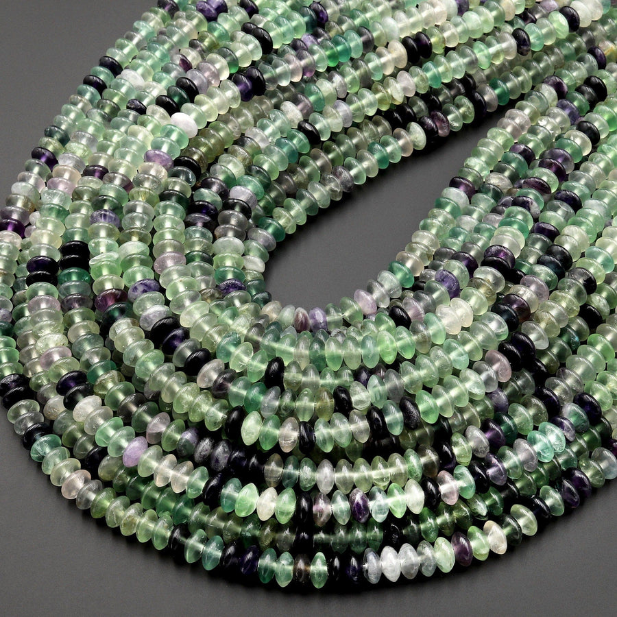 AAA Super Clear Natural Green Purple Fluorite Smooth Saucer Rondelle Beads 6mm 15.5" Strand