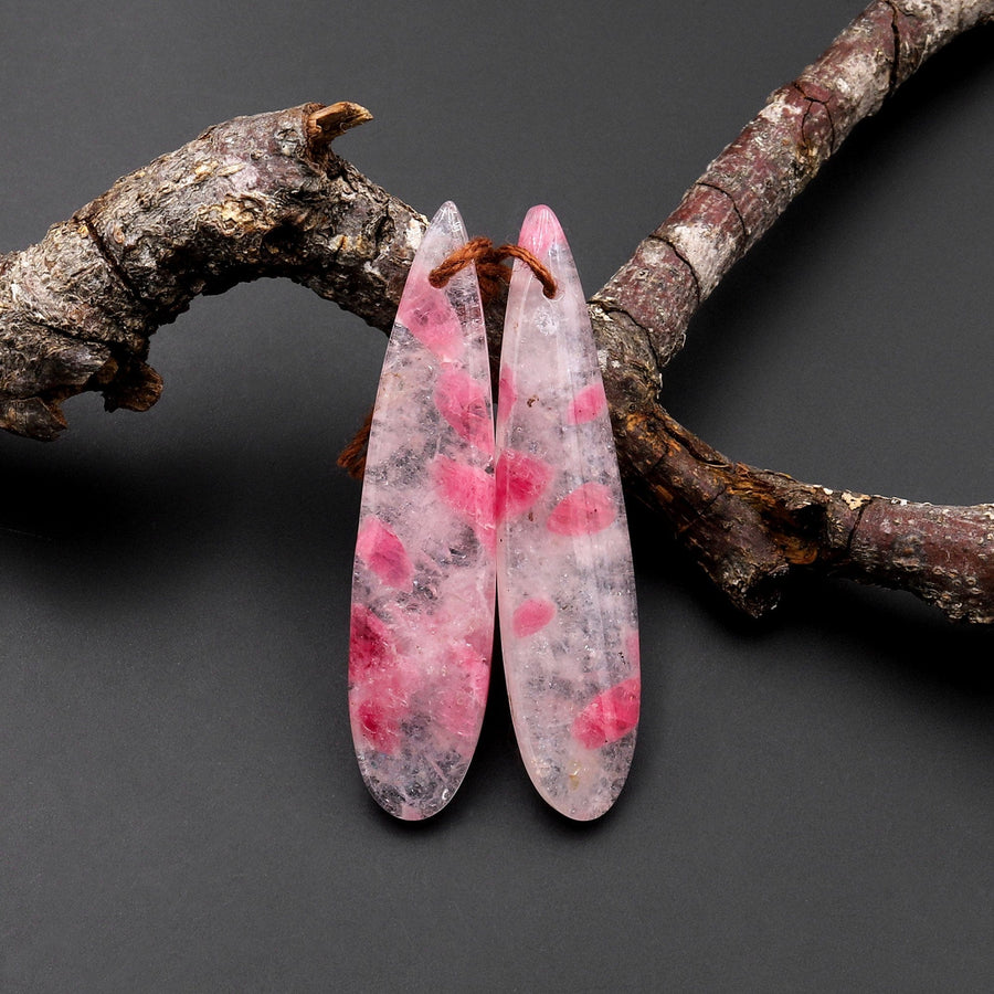 Natural Red Pink Rhodonite In Quartz Earring Pair Teardrop Cabochon Drilled Matched Gemstone Beads A2