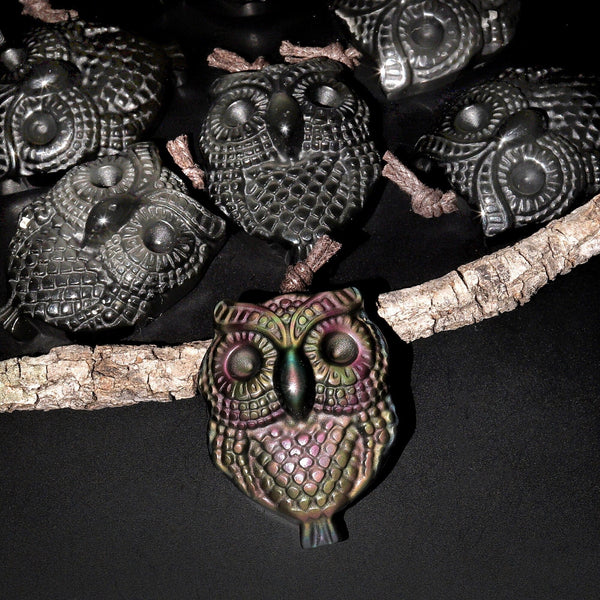 Hand Carved Natural Black Rainbow Obsidian Owl Pendant Gemstone Focal Bead A3