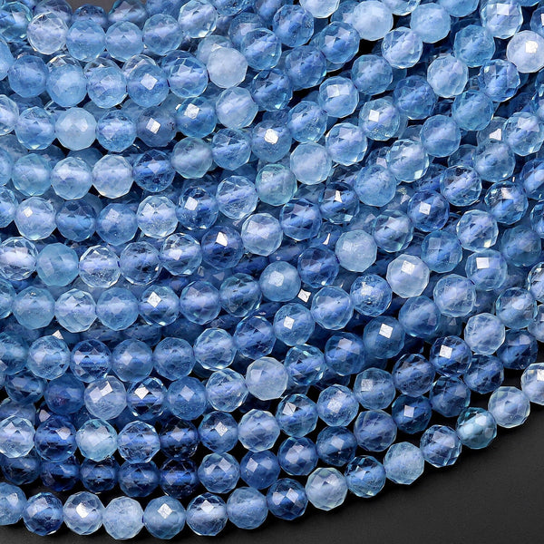 AAA Translucent Natural Blue Santa Maria Aquamarine Micro Faceted 4mm Round Beads 15.5" Strand