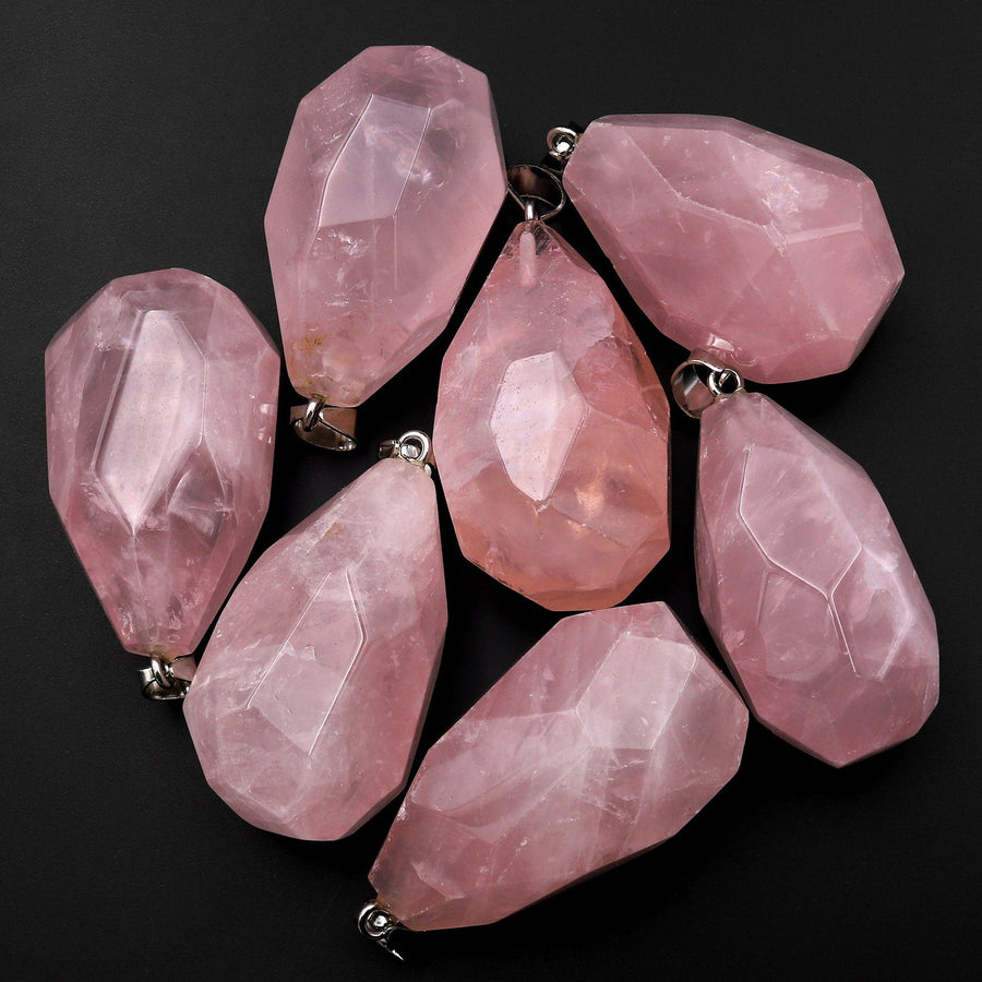 Faceted Natural Madagascar Pink Rose Quartz Nugget Crystal Pendant