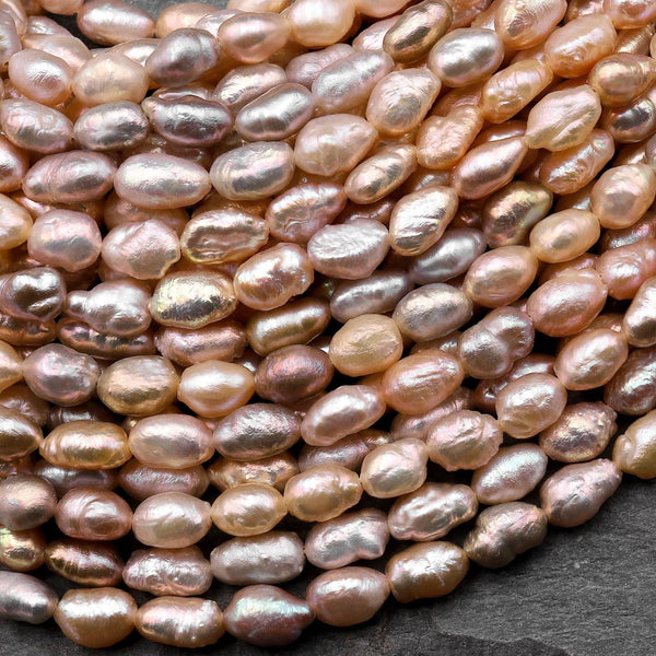 Genuine Freshwater Baroque Rice Pearl Shimmery Iridescent Peach Pink Mauve Purple Golden Apricot 15.5" Strand