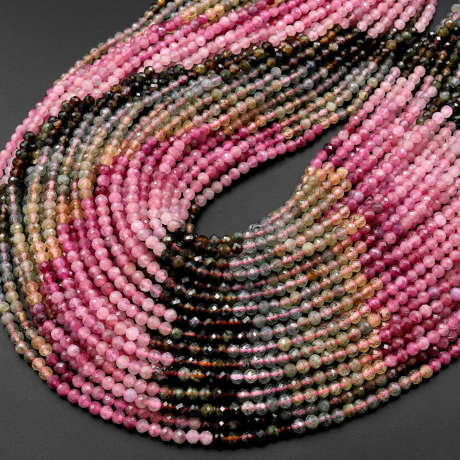 AAA Natural Tourmaline Micro Faceted 3mm Round Multicolor Pink Green Blue Golden Yellow Cognac Gemstone Beads 15.5" Strand