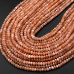 AAA Micro Faceted Natural Peach Moonstone 4mm Lantern Rondelle Gemstone Beads 15.5" Strand