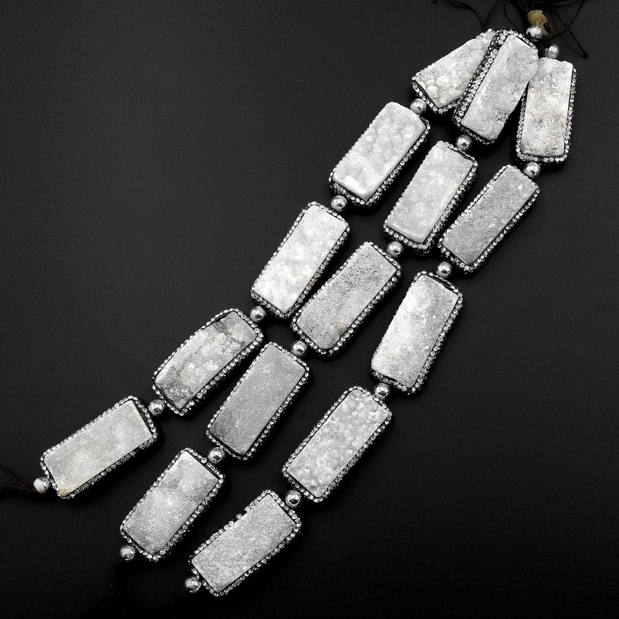 Natural White Agate Druzy Drusy Beads Long Rectangle Rhinestone Inlay 8" Strand