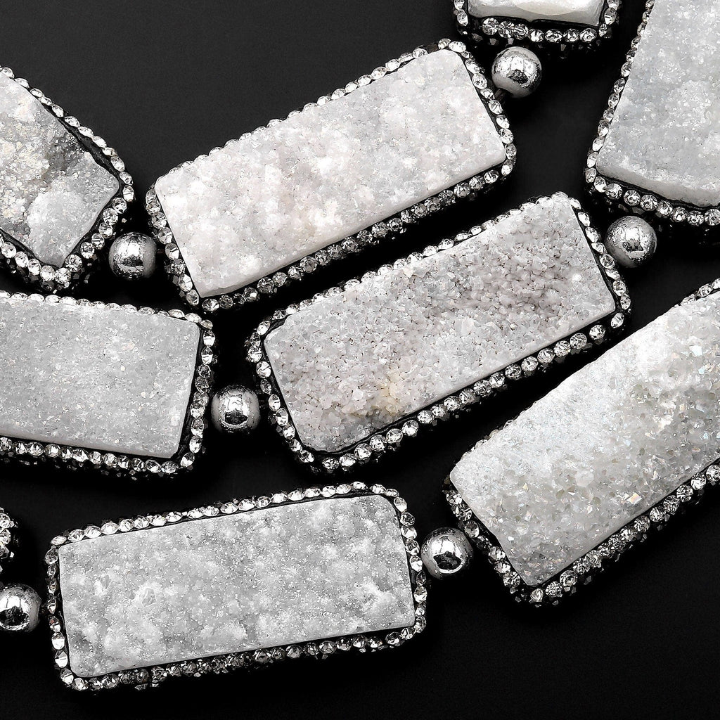 Natural White Agate Druzy Drusy Beads Long Rectangle Rhinestone Inlay 8" Strand