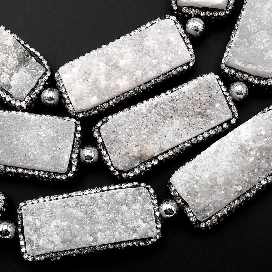 Natural White Agate Druzy Drusy Beads Long Rectangle Rhinestone Inlay 8" Strand