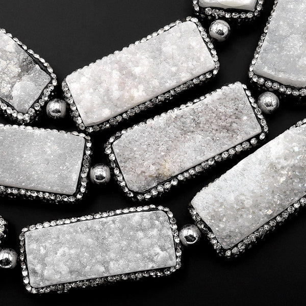 Natural White Agate Druzy Drusy Beads Long Rectangle Rhinestone Inlay 8" Strand