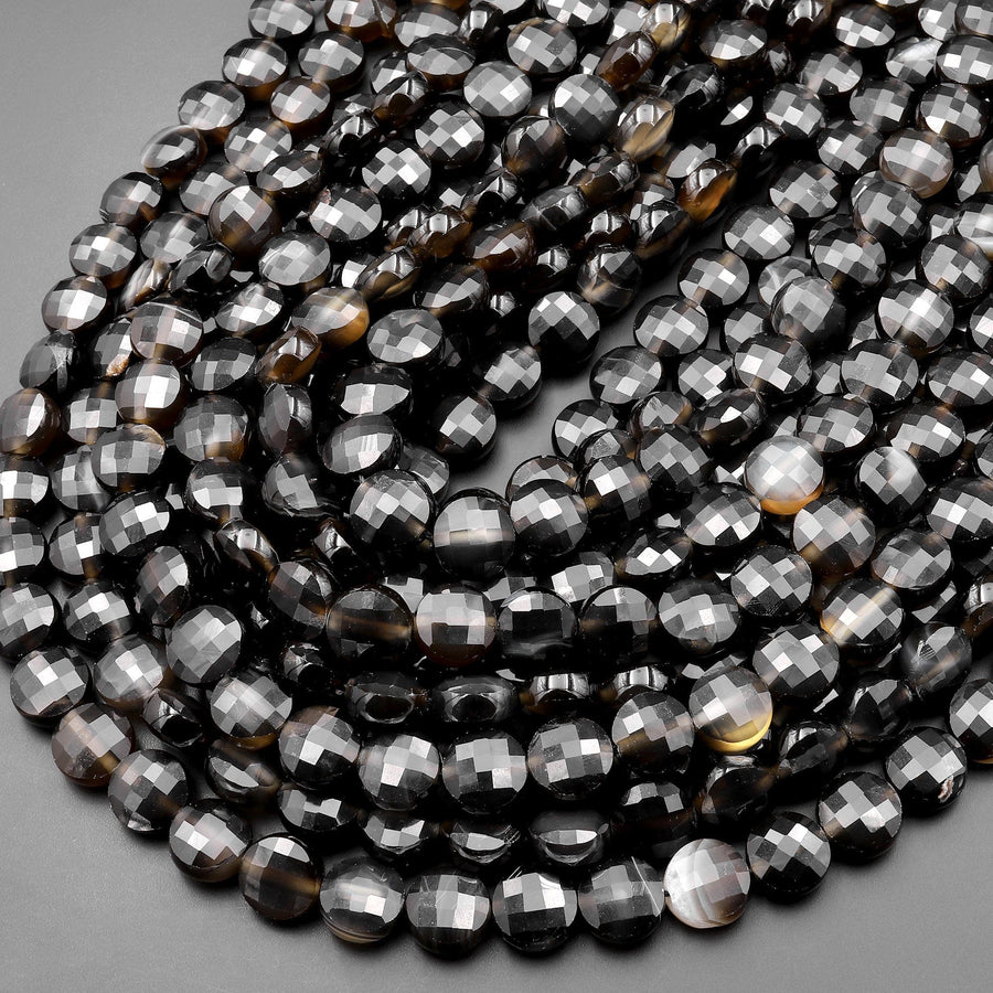 Faceted Natural Black Agate 10mm Coin Beads Gemstone 15.5" Strand