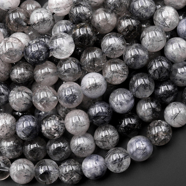 Rare Natural Blue Gray Rutilated Quartz 8mm 10mm Round Beads From Madagascar 15.5" Strand