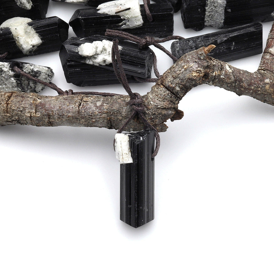 Rare Natural Black Tourmaline Pendant W/ White Quartz Crystal Side Drilled High Energy Gemstone