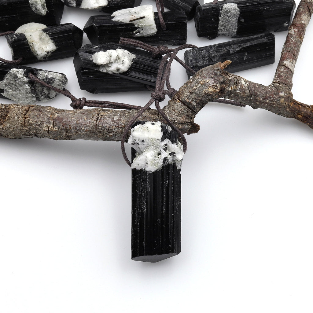 Rare Natural Black Tourmaline Pendant W/ White Quartz Crystal Side Drilled High Energy Gemstone