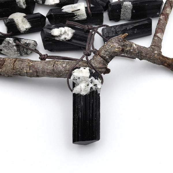 Rare Natural Black Tourmaline Pendant W/ White Quartz Crystal Side Drilled High Energy Gemstone A1