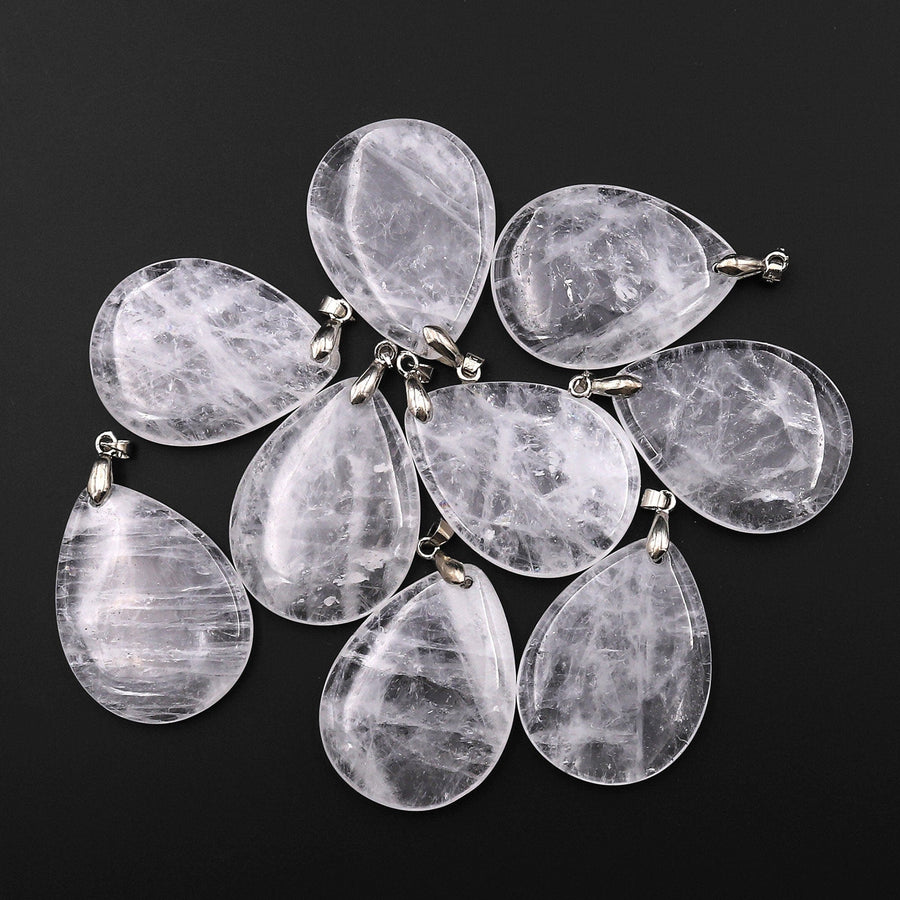 Natural Clear White Rock Crystal Quartz Teardrop Pendant