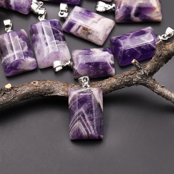 Small Natural Chevron Amethyst Gemstone Domed Rectangle Pendant Natural Crystal Focal Bead A1