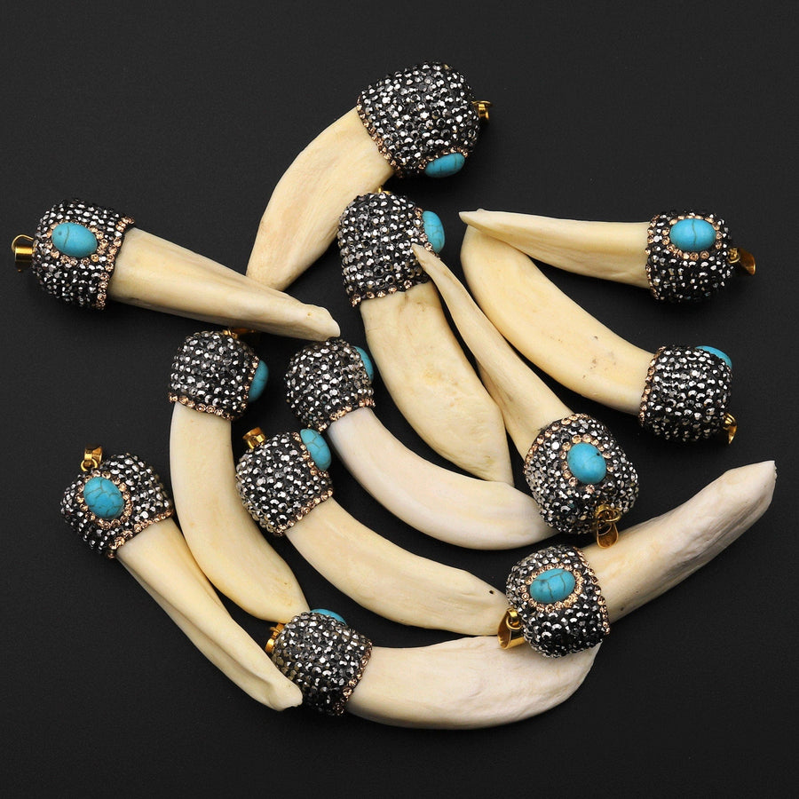 Wild and Exotic Real Wolf Tooth Pendant Sparkling Rhinestone Blue Turquoise