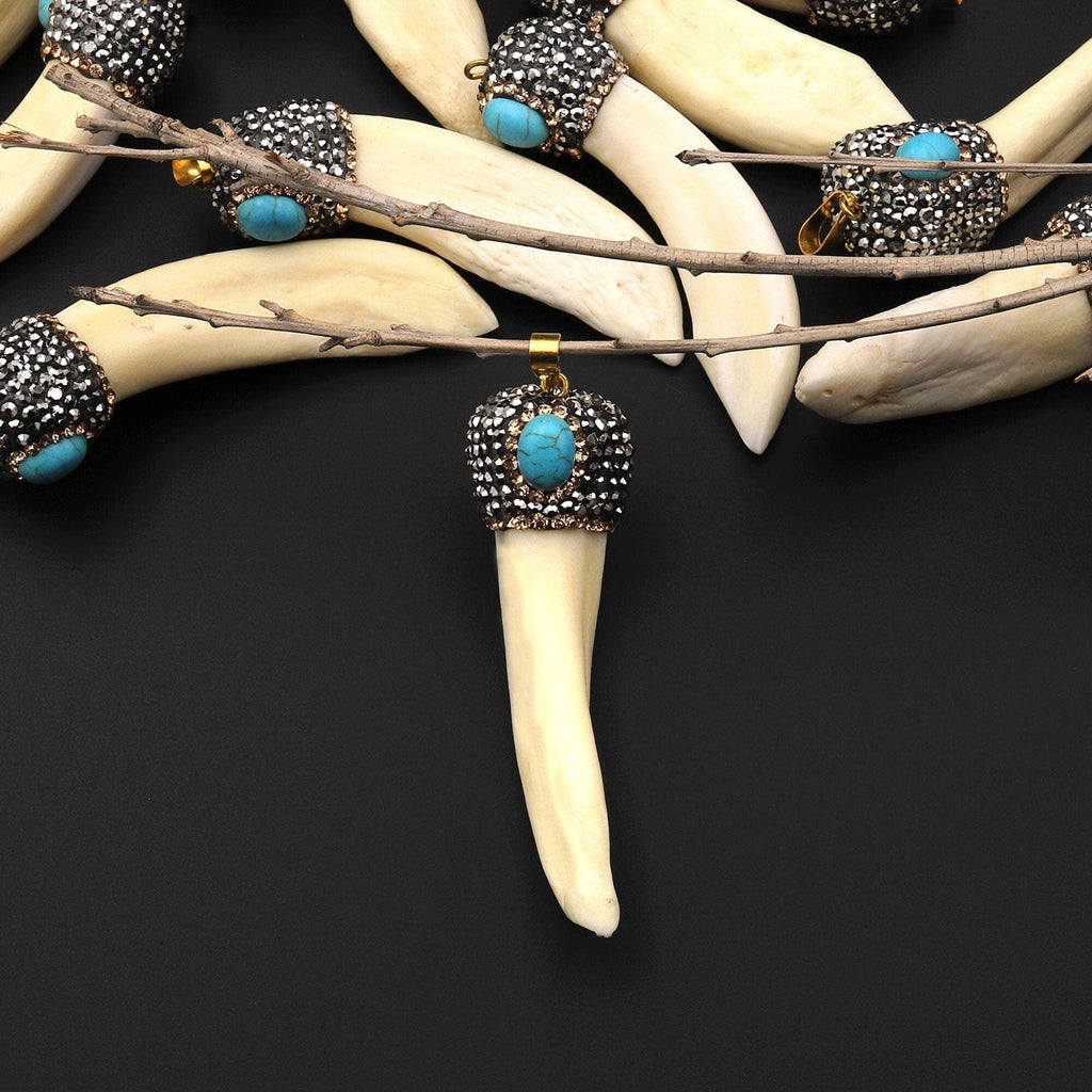 Wild and Exotic Real Wolf Tooth Pendant Sparkling Rhinestone Blue Turquoise