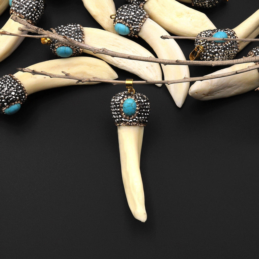 Wild and Exotic Real Wolf Tooth Pendant Sparkling Rhinestone Blue Turquoise