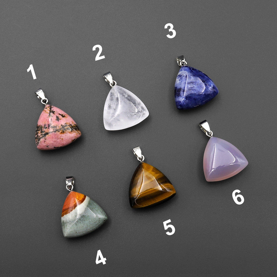 Natural Gemstone Puffy Triangle Pendant Choose from Rock Quartz Rhodonite Tiger's Eye Sodalite Purple Chalcedony Landscape Ocean Jasper
