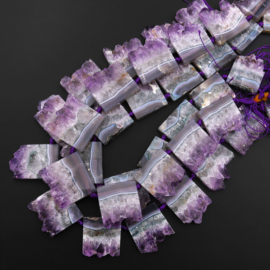 Rare Natural Purple Green Amethyst Slice Pendants Focal Beads Top Side Drilled Gemstone 15.5" Strand