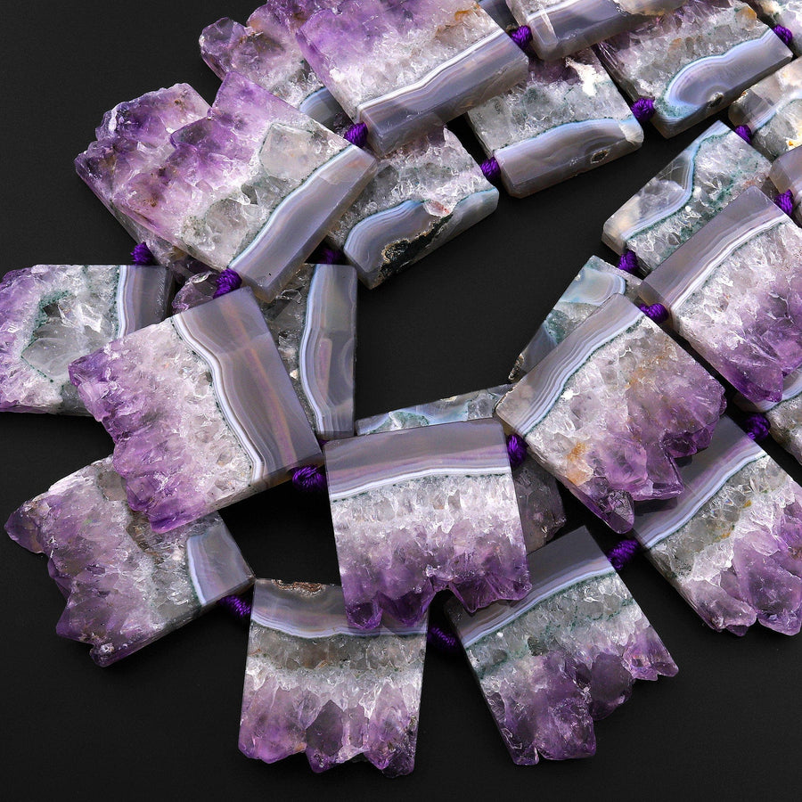 Rare Natural Purple Green Amethyst Slice Pendants Focal Beads Top Side Drilled Gemstone 15.5" Strand