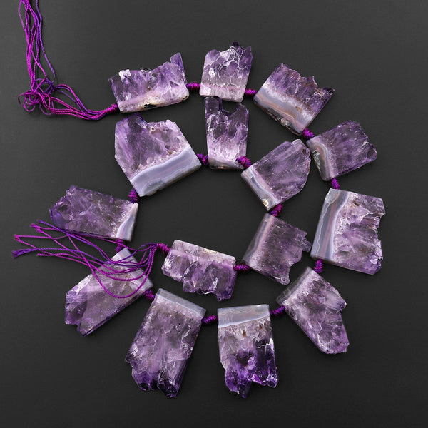 Rare Natural Purple Amethyst Slice Pendants Focal Beads Top Side Drilled Gemstone 15.5" Strand B0296