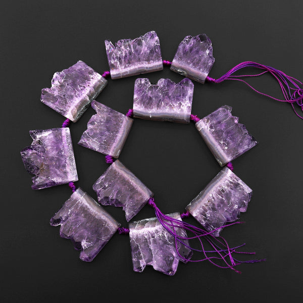 Rare Natural Purple Amethyst Slice Pendants Focal Beads Top Side Drilled Gemstone 15.5" Strand B0297