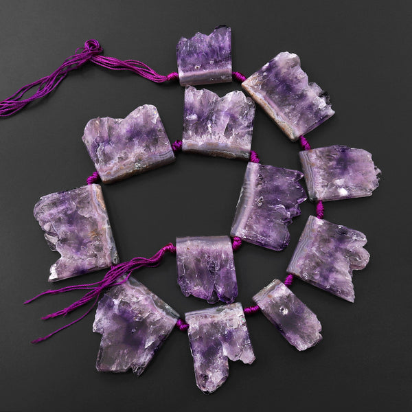 Rare Natural Purple Amethyst Slice Pendants Focal Beads Top Side Drilled Gemstone 15.5" Strand B0298
