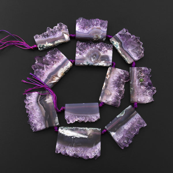 Rare Natural Purple Amethyst Slice Pendants Focal Beads Top Side Drilled Gemstone 15.5" Strand B0299