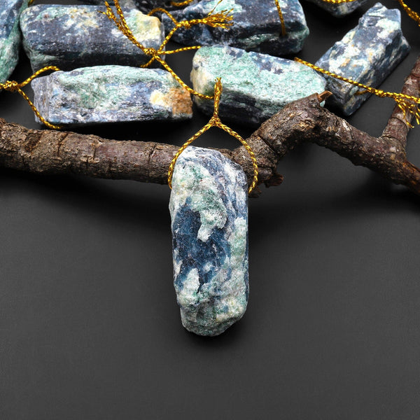 Side Drilled Raw Natural Stormy Blue Green Kyanite Druzy Pendant Gemstone Cyrstal Point Focal Bead