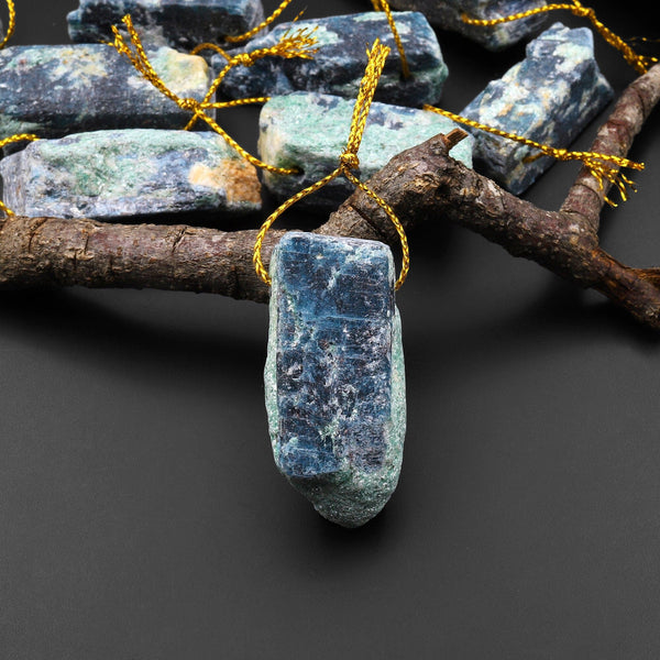 Side Drilled Raw Natural Stormy Blue Green Kyanite Druzy Pendant Gemstone Cyrstal Point Focal Bead A2
