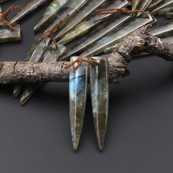 Drilled Labradorite Long Triangle Dagger Pair Matched Natural Gemstone Bead Cab A11