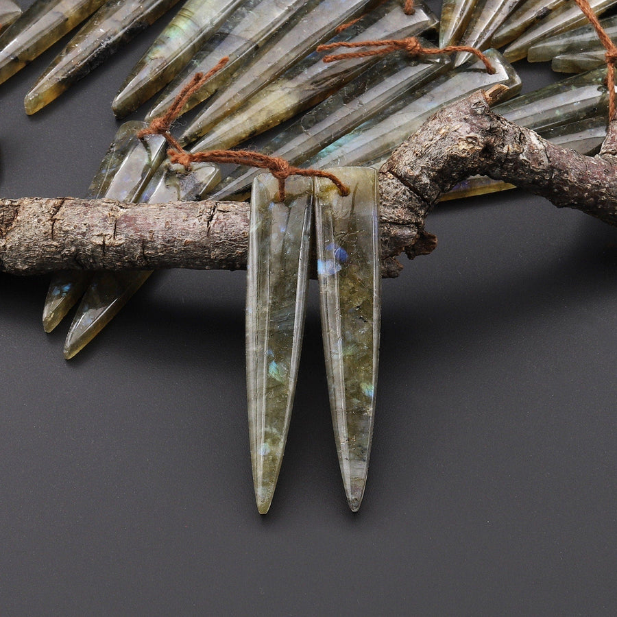 Drilled Labradorite Long Triangle Dagger Pair Matched Natural Gemstone Bead Cab A33