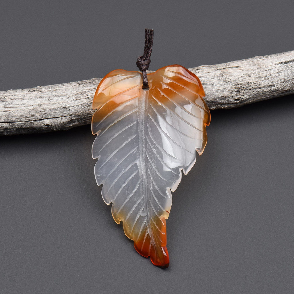 Hand Carved Natural Carnelian Leaf Pendant Focal Bead Drilled Gemstone OP2113