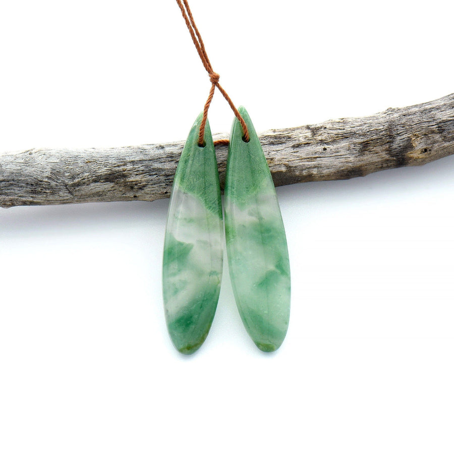 Natural African Green Jade Earring Drilled Gemstone Teardrop Matched Bead Pair OP2529
