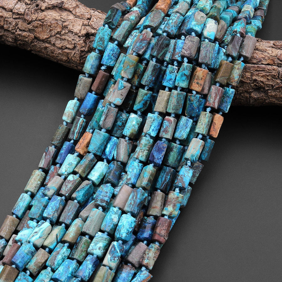 Natural Chrysocolla Hand Cut Faceted Tube Cylinder Beads 15.5" Strand