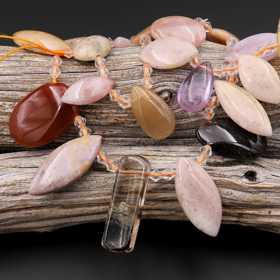 Natural Multicolor Phantom Quartz Marquise Oval Rectangle Beads Side Drilled Pendants 15.5" Strand B7235