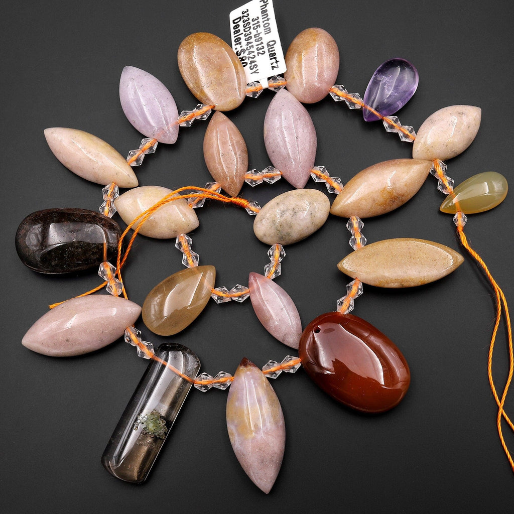 Natural Multicolor Phantom Quartz Marquise Oval Rectangle Beads Side Drilled Pendants 15.5" Strand B7235