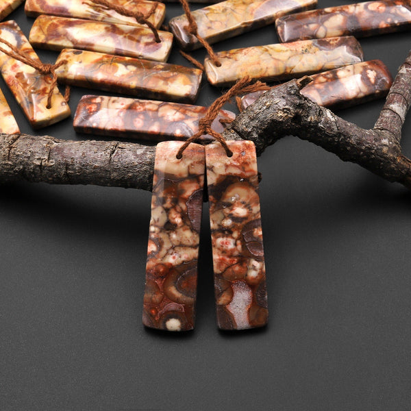 Natural Bird's Eye Rhyolite Rectangle Earrings Drilled Matched Gemstone Bead Pair A3