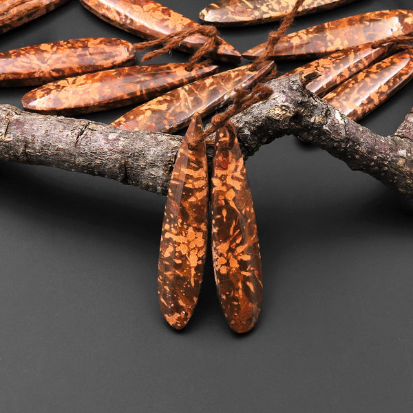 Natural Coquina Jasper Aka Brown Leaf Jasper Earring Long Teardrop Pair Matched Gemstone Beads A2